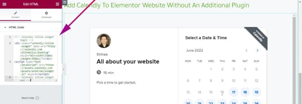 Add calendly embed code to elementor