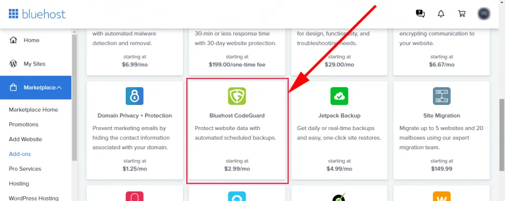 Bluehost Codeguard basic in the marketplace