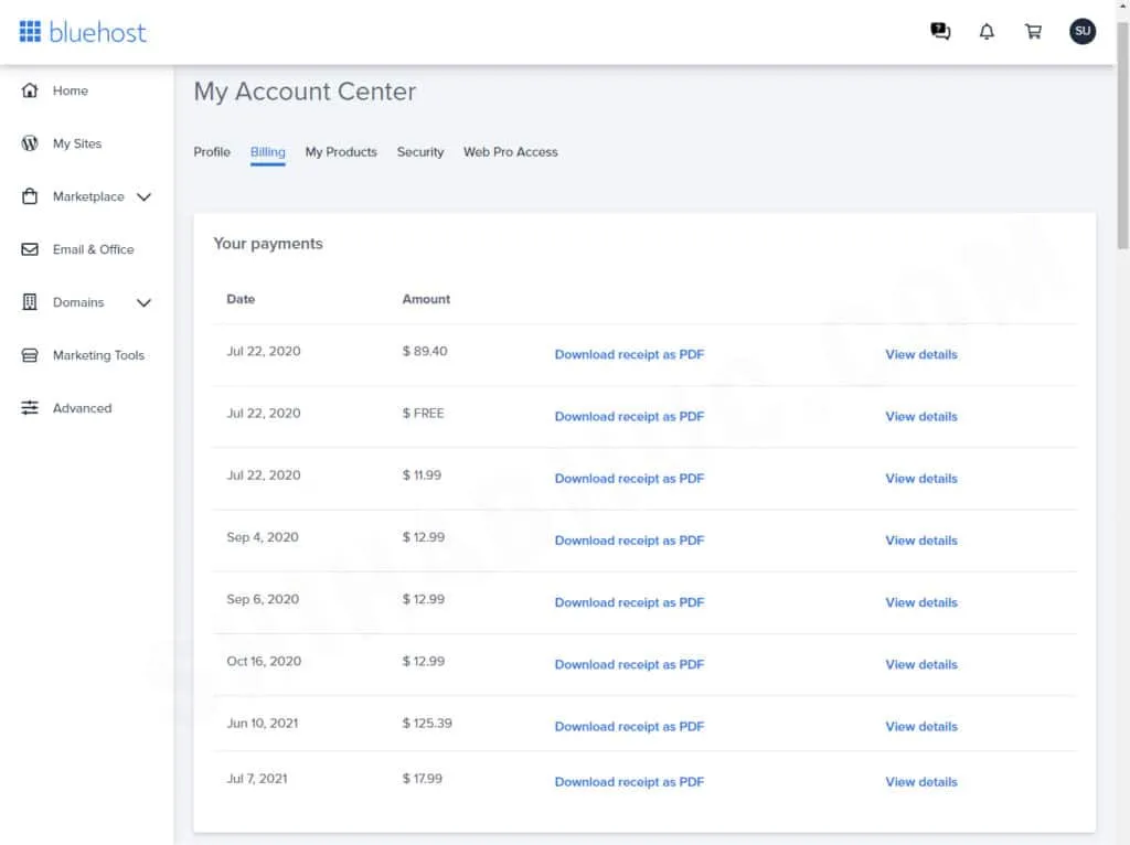 My personal billing documents on Bluehost
