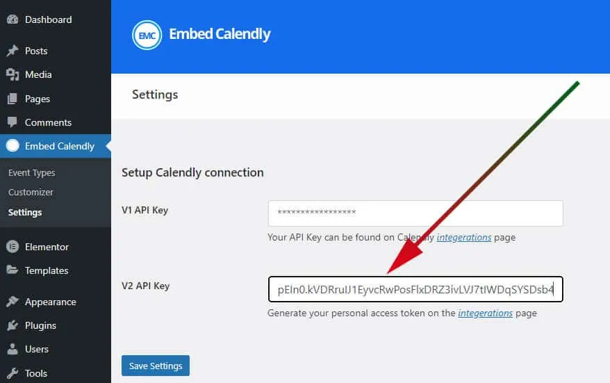 Paste calendly v2 api key on WordPress