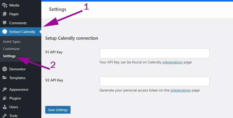 Calendly wordpress plugin api settings page