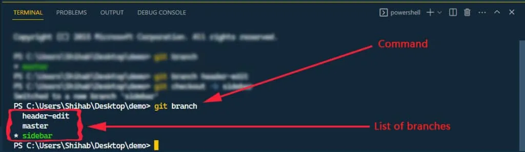 list of git branches