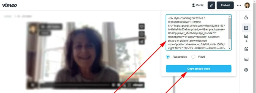 Copy embed code on Vimeo
