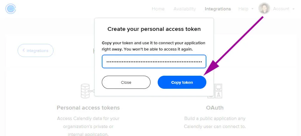 Copy calendly token