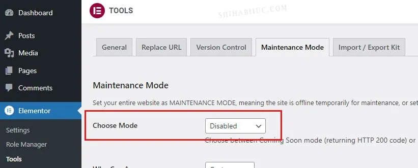 Disable maintenance mode in Elementor