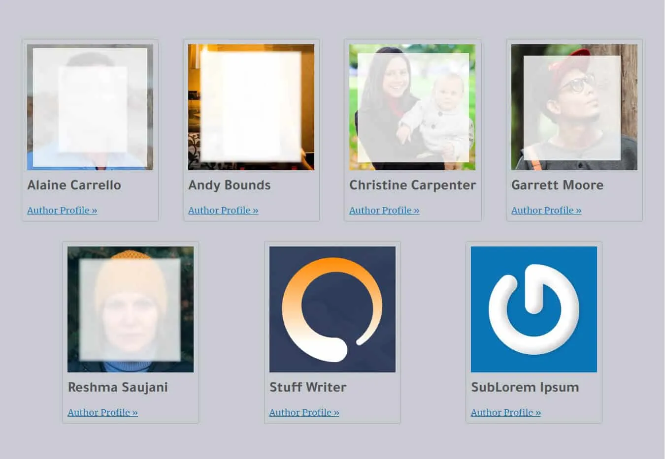 List of authors with profile picture, name and link