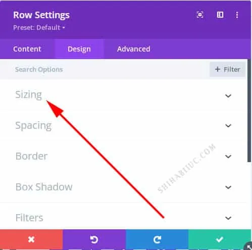Divi theme - Design option - Sizing option