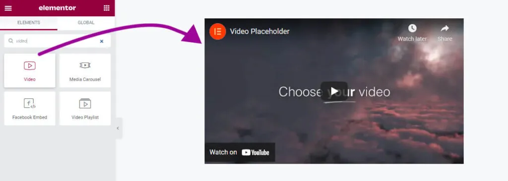 Drag and drop elementor video widget