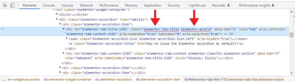 Elementor active accordion CSS classes