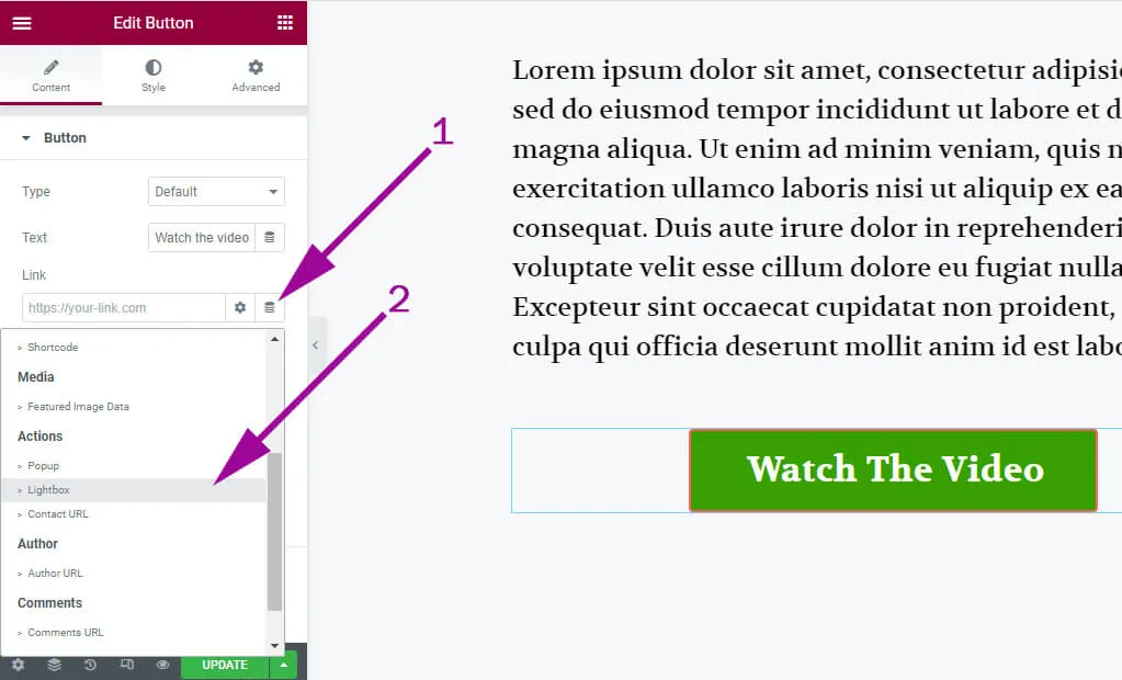 Elementor dynamic tags and lightbox