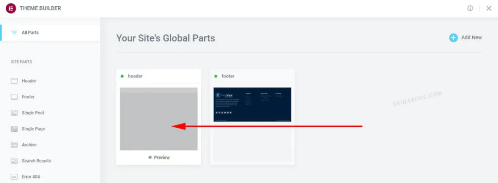 Elementor global parts - header builder