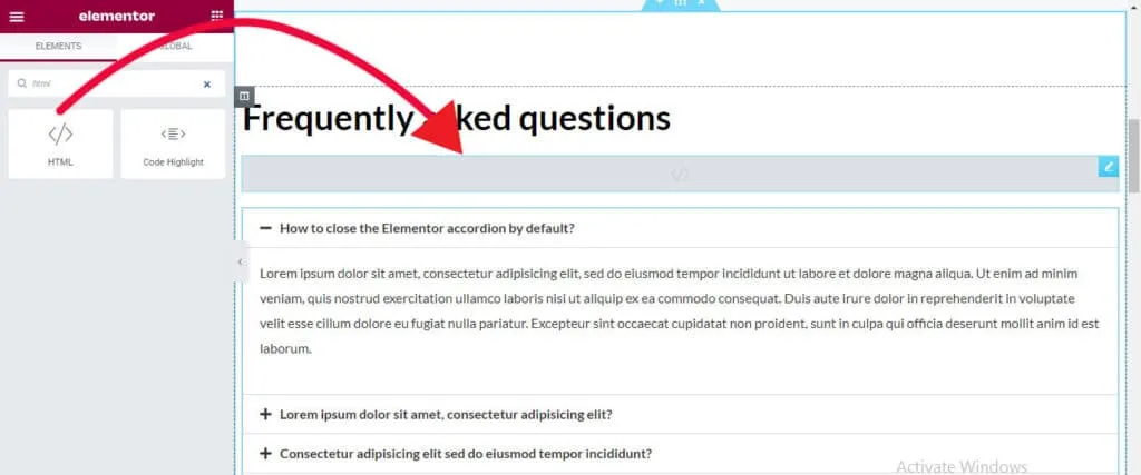 Drag & drop HTML widget before the accordion in Elementor