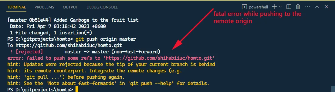 Fatal error while trying to push edited commit to the remote origin