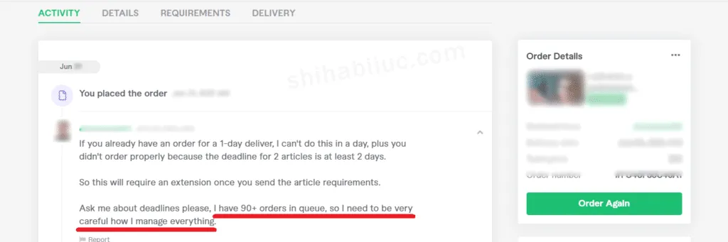 Fiverr conversation with seller that tells the total number of orders