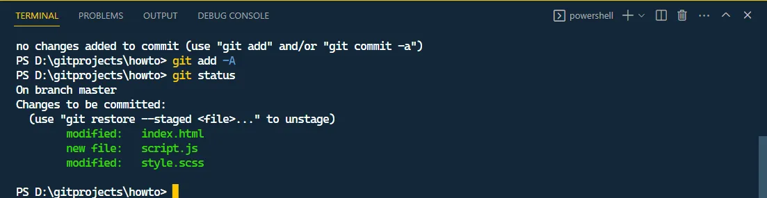 Staged all files using git add -A