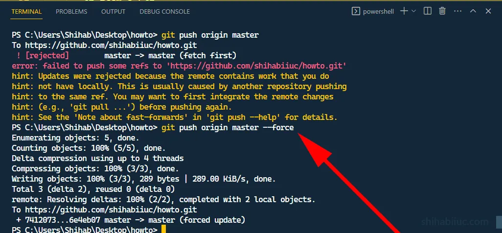 git push with –force flag that worked after previous push was rejected