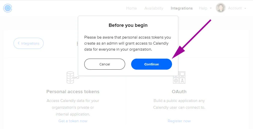 Click “Continue” to grant calendly access data