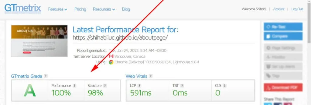 Web page performance report on GTmetrix