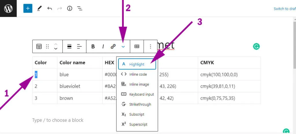 Highlight wordpress table cell text