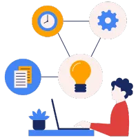 Clean expressive complex ideas, a guy working on laptop, infographic