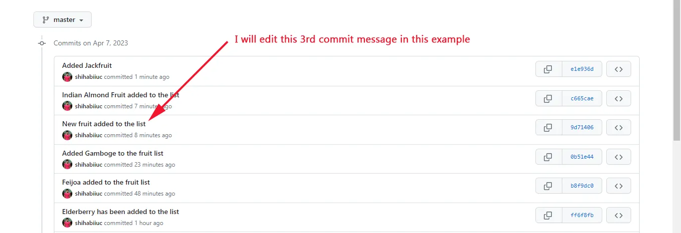 List of commits in GitHub repository where I will change the 3rd commit message