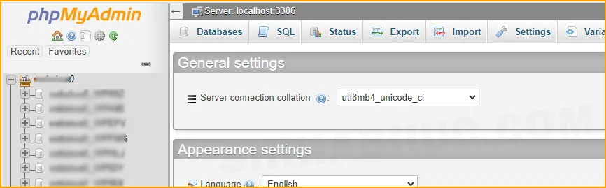 List of databases on phpMyAdmin