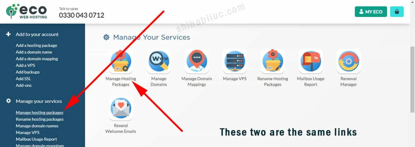 Manage hosting packages on Eco Web Hosting