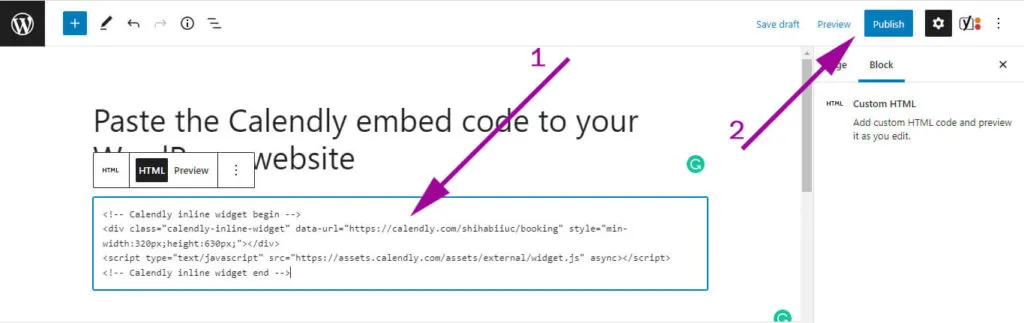 Paste Calendly embed code to WordPress