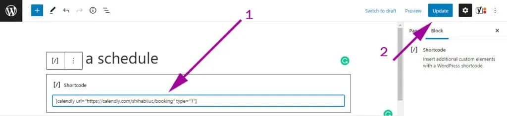 Paste calendly shortcode to wordpress