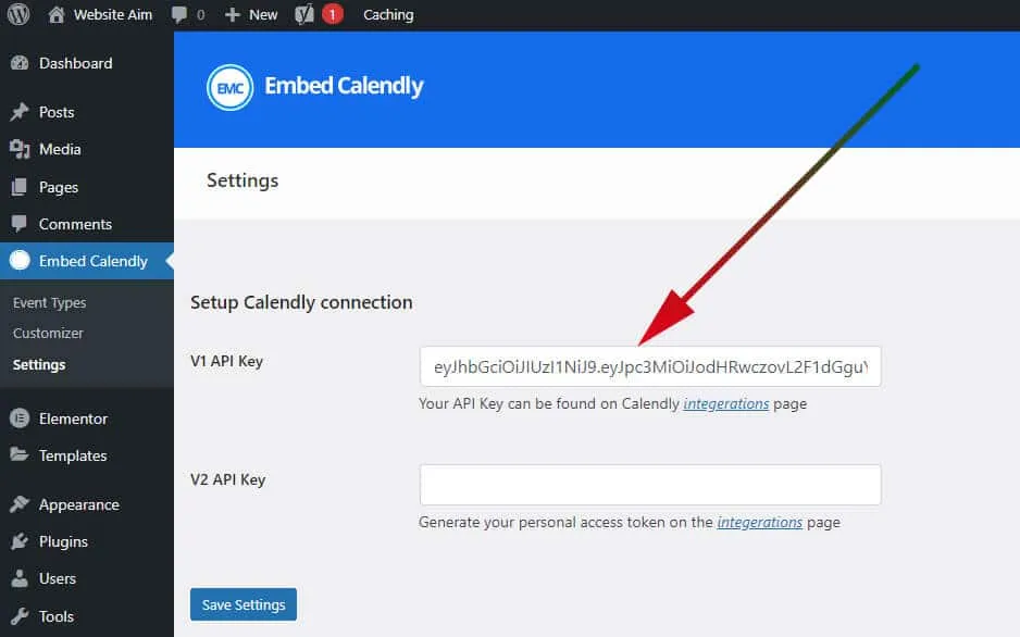 Paste calendly token to WordPress