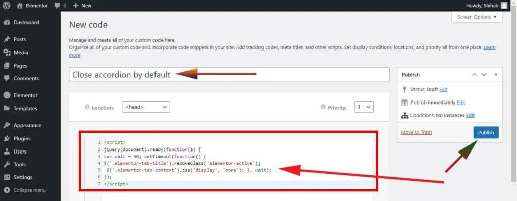 Publish new code in Elementor custom code section