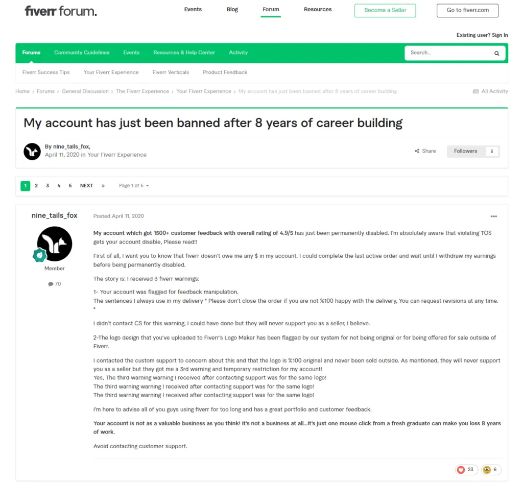 Fiverr top-rated freelancer was banned after 8 years